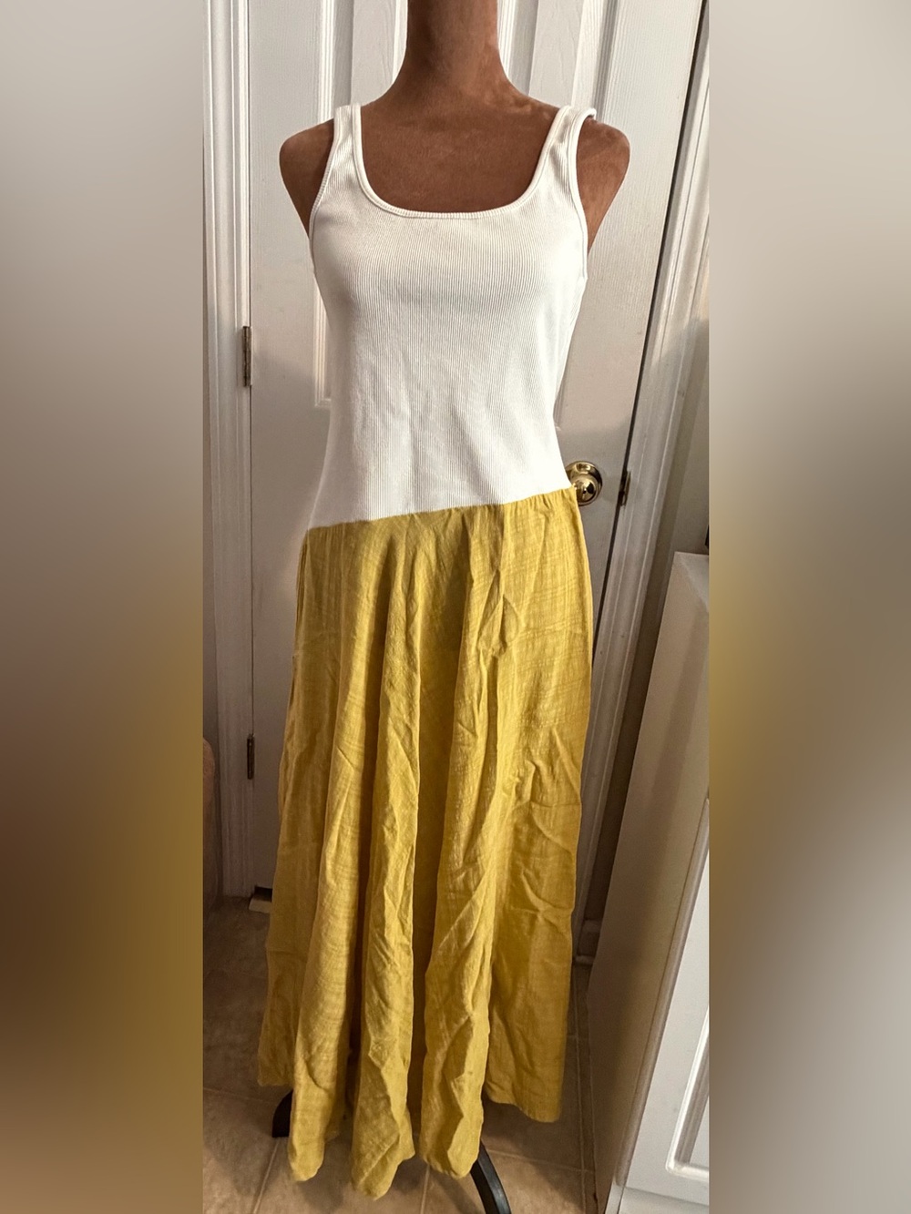 LNA Women's Mixed Media White Ribbed Tank & Yellow Skirted Maxi Dress Size Small